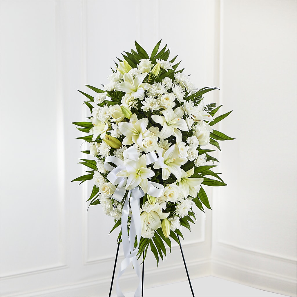 Exquisite Tribute Standing Spray-White Ribbon – Floristo Bermeo Ii, Big Lake MN